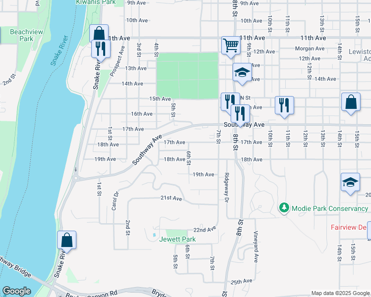 map of restaurants, bars, coffee shops, grocery stores, and more near 1710 6th Street in Lewiston
