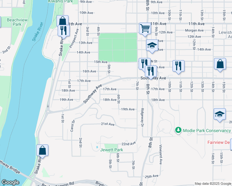 map of restaurants, bars, coffee shops, grocery stores, and more near 1710 6th Street in Lewiston