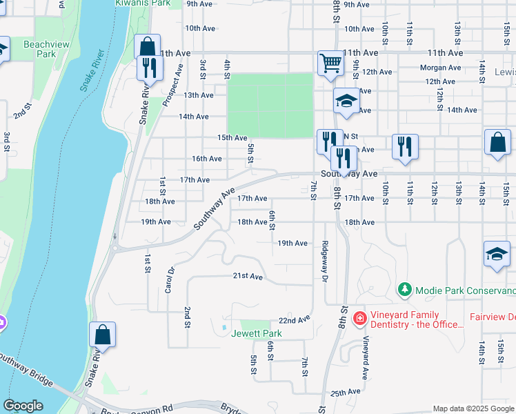 map of restaurants, bars, coffee shops, grocery stores, and more near 521 18th Avenue in Lewiston
