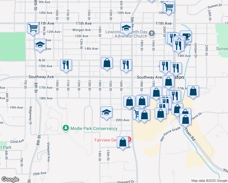 map of restaurants, bars, coffee shops, grocery stores, and more near 1506 17th Avenue in Lewiston