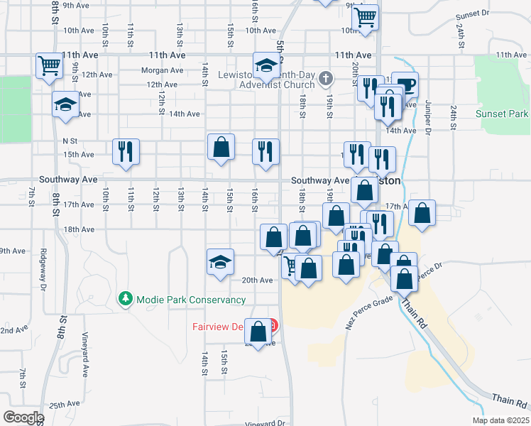 map of restaurants, bars, coffee shops, grocery stores, and more near 1608 17th Avenue in Lewiston