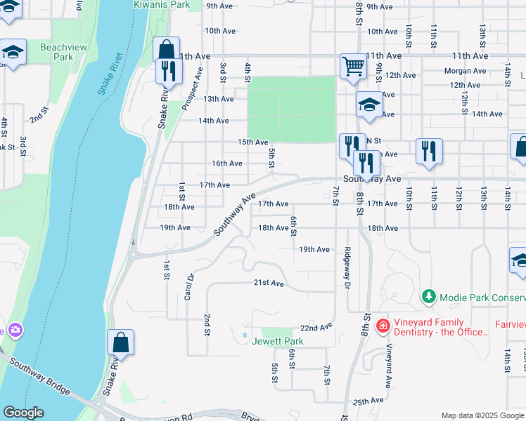 map of restaurants, bars, coffee shops, grocery stores, and more near 521 18th Avenue in Lewiston