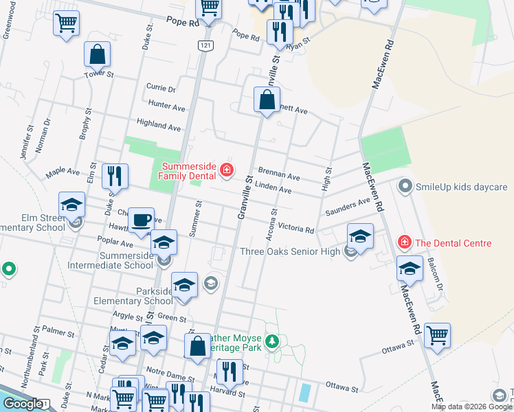 map of restaurants, bars, coffee shops, grocery stores, and more near 174 Beechwood Avenue in Summerside