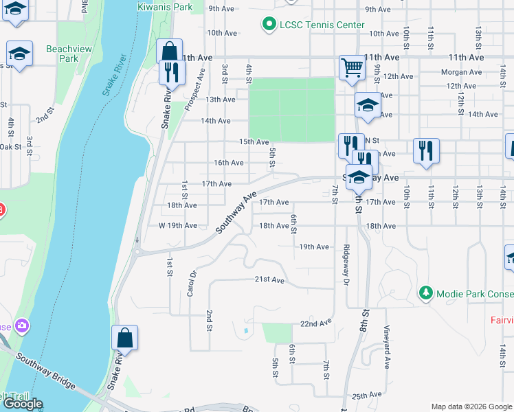 map of restaurants, bars, coffee shops, grocery stores, and more near 506 17th Avenue in Lewiston
