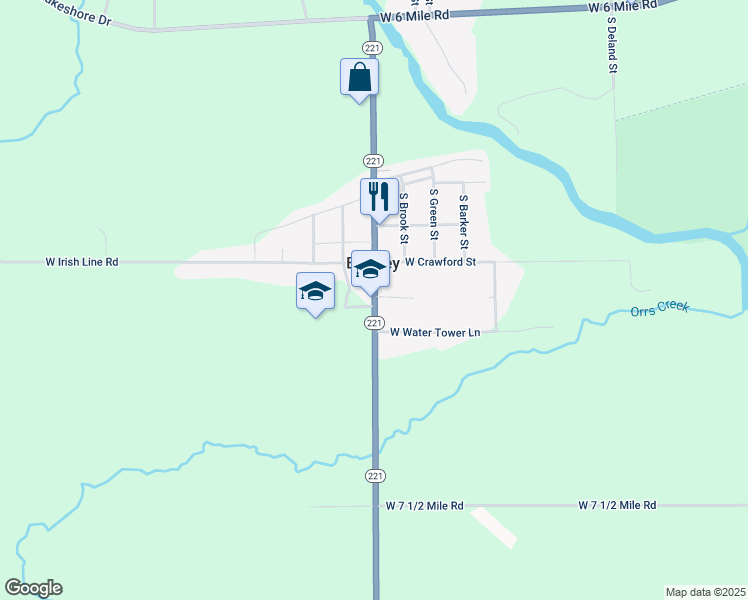 map of restaurants, bars, coffee shops, grocery stores, and more near 7134 Michigan 221 in Brimley