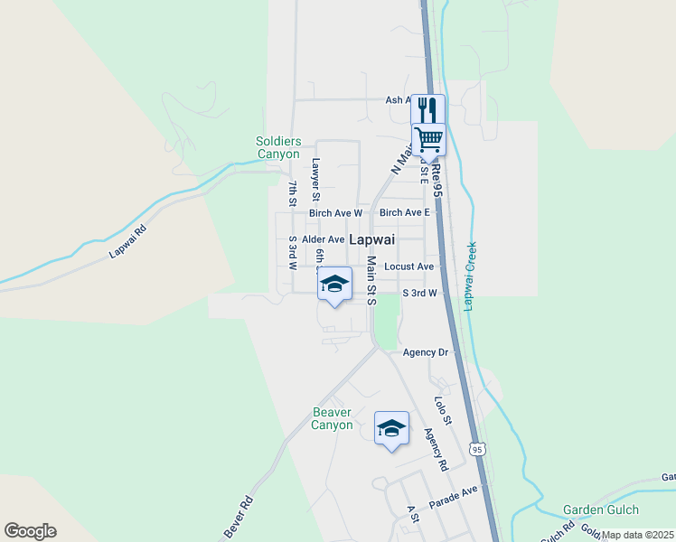 map of restaurants, bars, coffee shops, grocery stores, and more near 302 West 1st Street in Lapwai