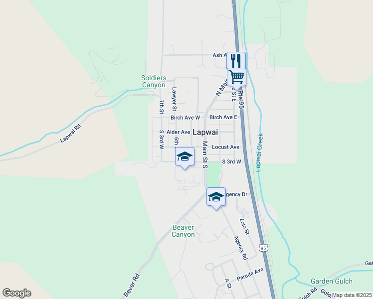 map of restaurants, bars, coffee shops, grocery stores, and more near 302 West 1st Street in Lapwai