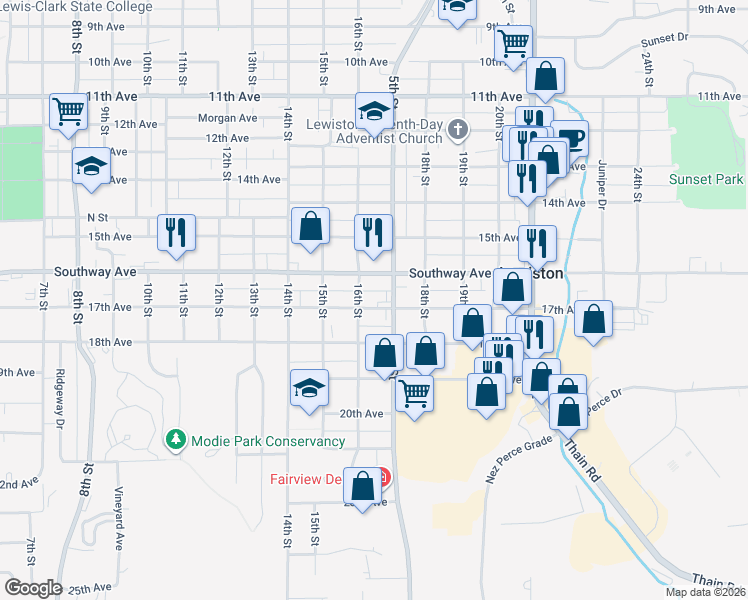 map of restaurants, bars, coffee shops, grocery stores, and more near 1608 16th Avenue in Lewiston