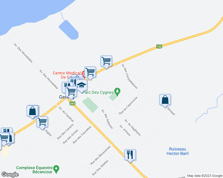 map of restaurants, bars, coffee shops, grocery stores, and more near 1885 Avenue de la Croix du Sud in Bécancour