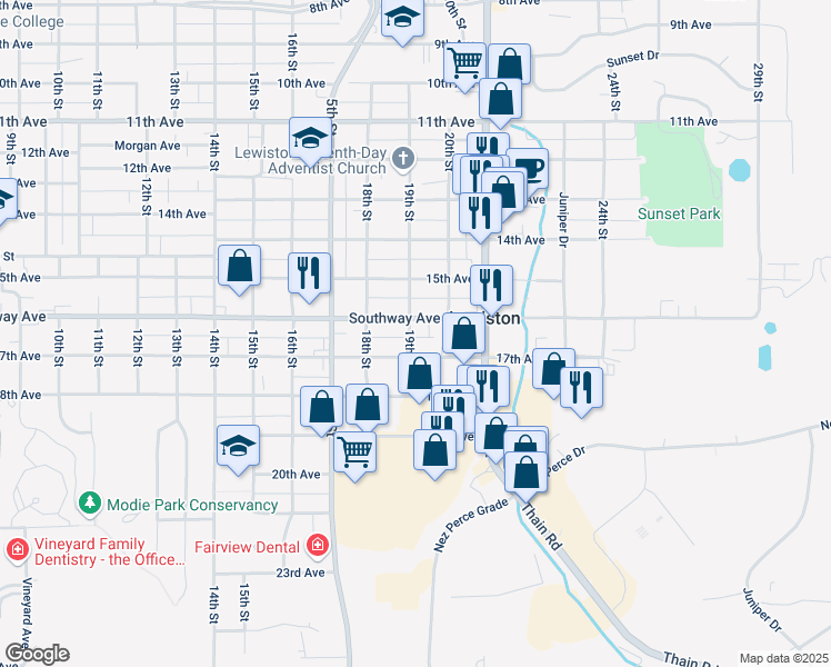map of restaurants, bars, coffee shops, grocery stores, and more near 1906 16th Avenue in Lewiston