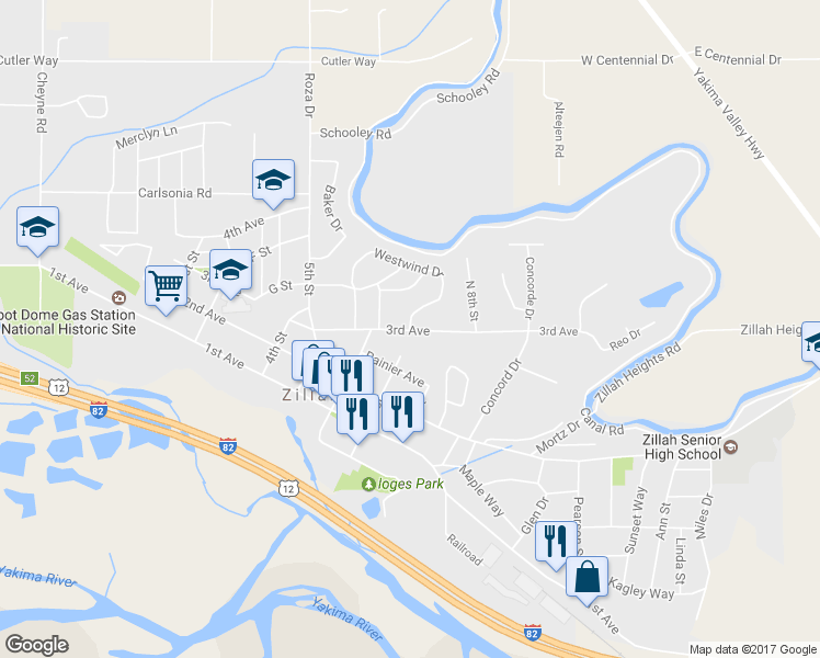 map of restaurants, bars, coffee shops, grocery stores, and more near 799 Westwind Dr in Zillah