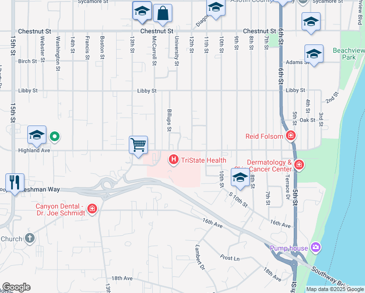 map of restaurants, bars, coffee shops, grocery stores, and more near 1220 Highland Avenue in Clarkston