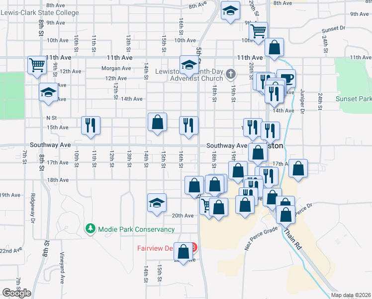 map of restaurants, bars, coffee shops, grocery stores, and more near 1608 16th Avenue in Lewiston
