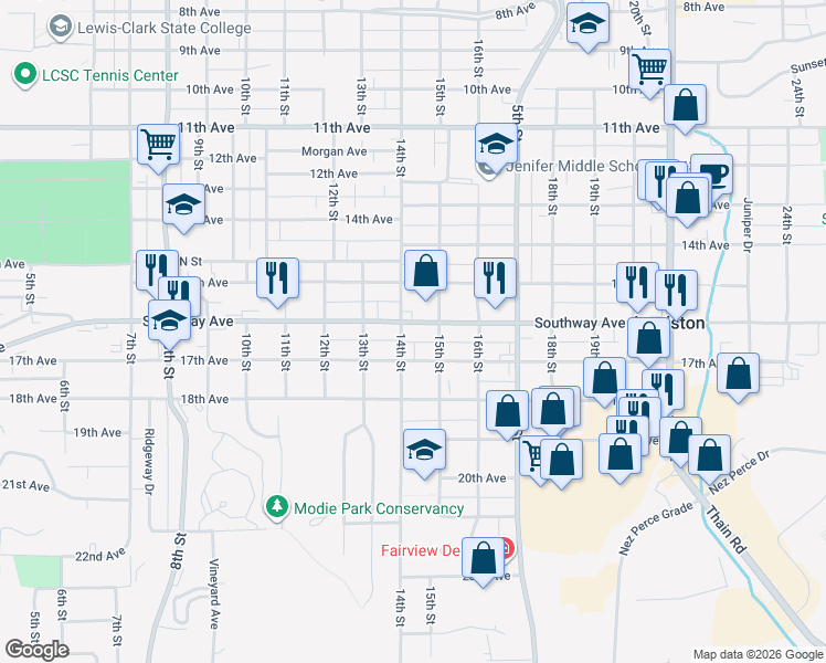 map of restaurants, bars, coffee shops, grocery stores, and more near 1408 16th Avenue in Lewiston