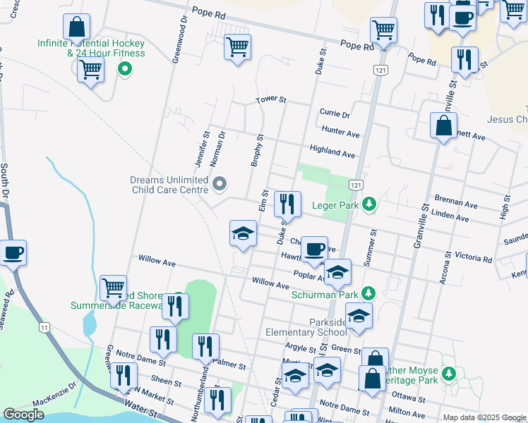 map of restaurants, bars, coffee shops, grocery stores, and more near 289 Elm Street in Summerside