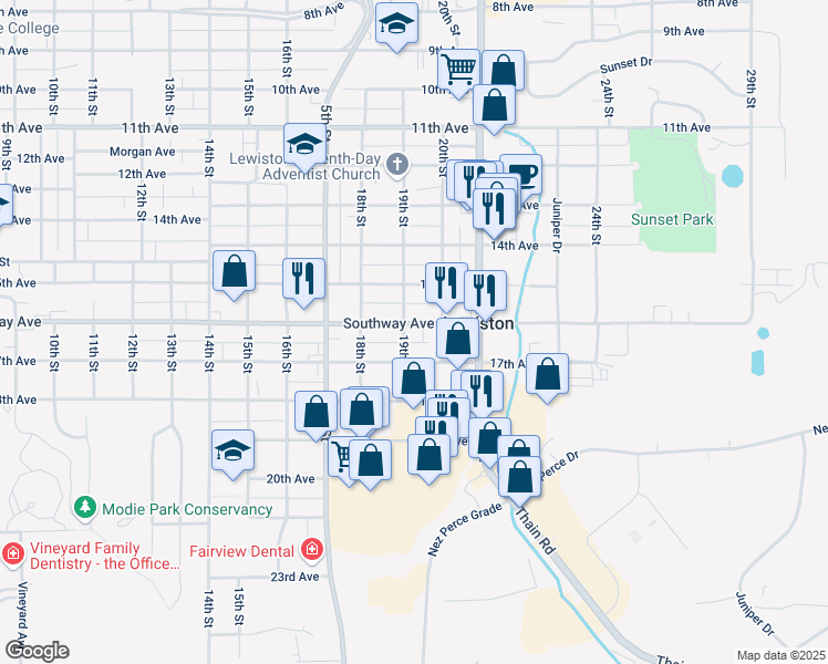 map of restaurants, bars, coffee shops, grocery stores, and more near 1906 16th Avenue in Lewiston