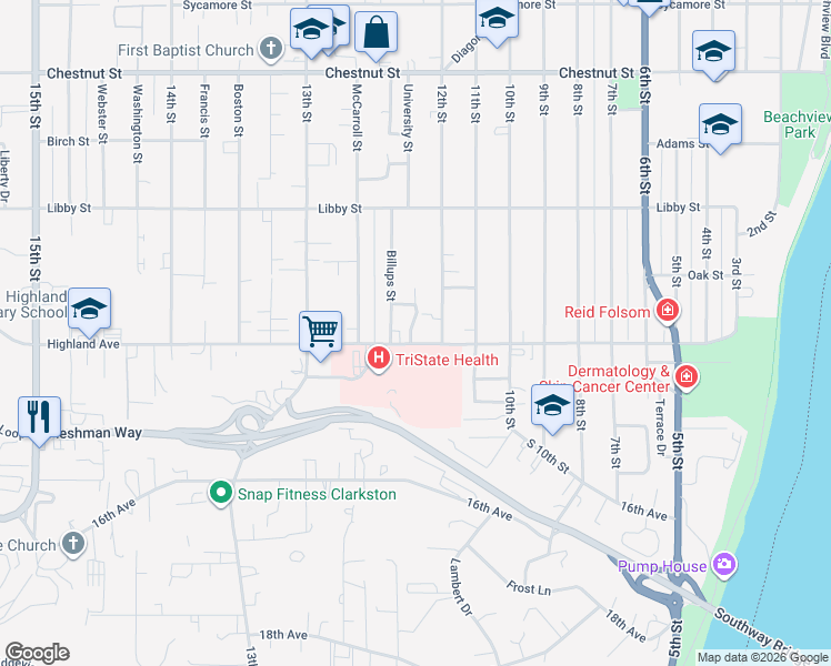 map of restaurants, bars, coffee shops, grocery stores, and more near 1220 Highland Avenue in Clarkston