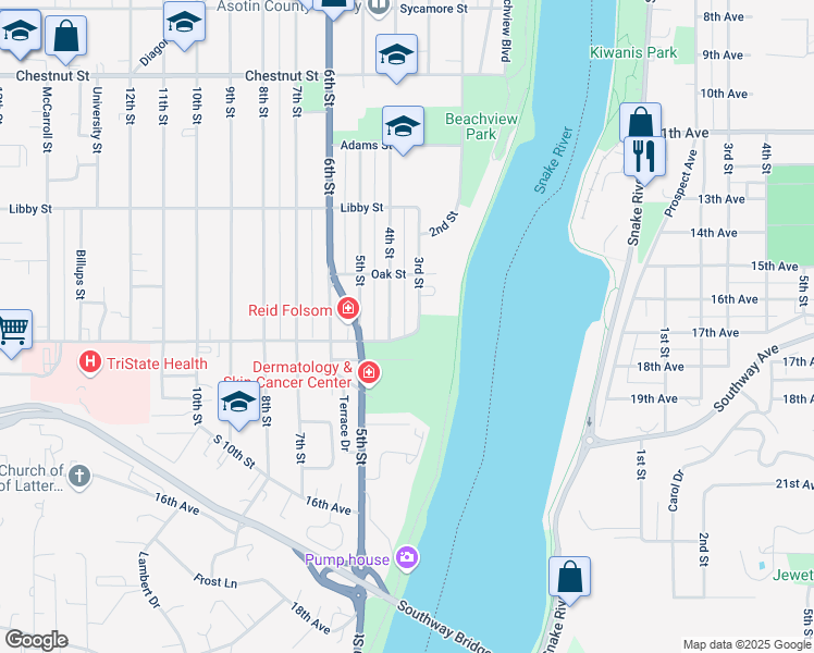 map of restaurants, bars, coffee shops, grocery stores, and more near 1338 3rd Street in Clarkston
