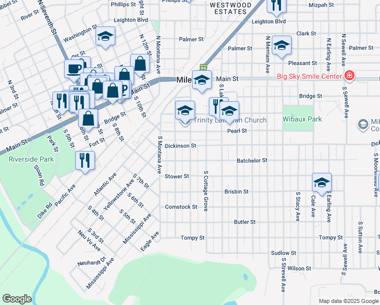 map of restaurants, bars, coffee shops, grocery stores, and more near 415 South Center Avenue in Miles City
