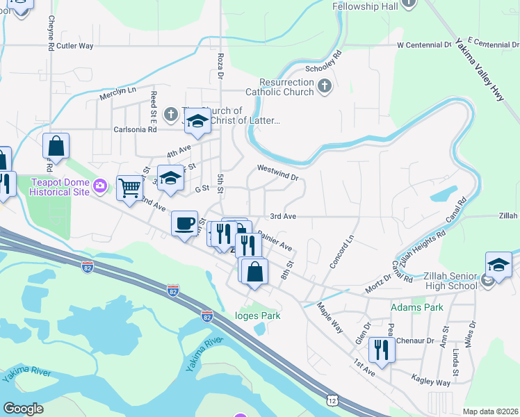 map of restaurants, bars, coffee shops, grocery stores, and more near 502 Cherry Hill Lane in Zillah