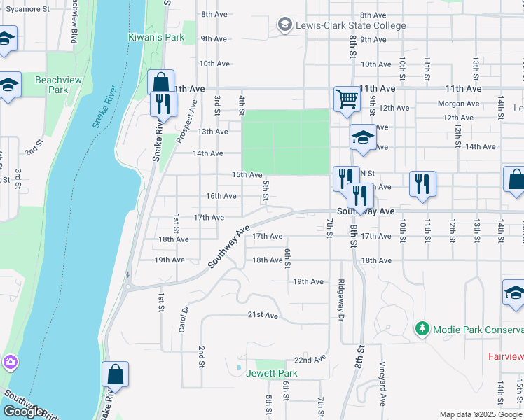 map of restaurants, bars, coffee shops, grocery stores, and more near 424 17th Avenue in Lewiston
