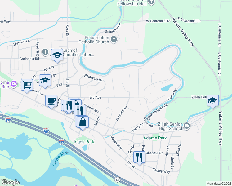 map of restaurants, bars, coffee shops, grocery stores, and more near 819 3rd Avenue in Zillah