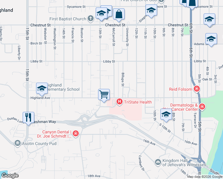 map of restaurants, bars, coffee shops, grocery stores, and more near 1340 McCarroll Street in Clarkston