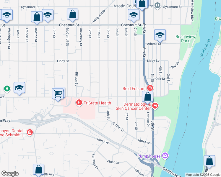 map of restaurants, bars, coffee shops, grocery stores, and more near 1341 10th Street in Clarkston