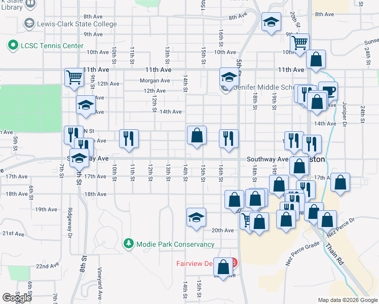 map of restaurants, bars, coffee shops, grocery stores, and more near 1408 16th Avenue in Lewiston