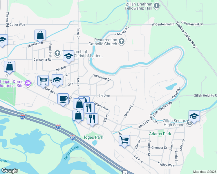 map of restaurants, bars, coffee shops, grocery stores, and more near 701-799 Westwind Drive in Zillah