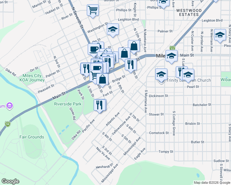 map of restaurants, bars, coffee shops, grocery stores, and more near 701-799 Fort Street in Miles City