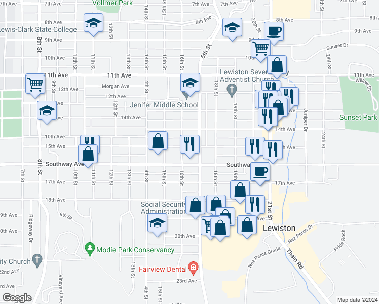 map of restaurants, bars, coffee shops, grocery stores, and more near 1610 15th Avenue in Lewiston