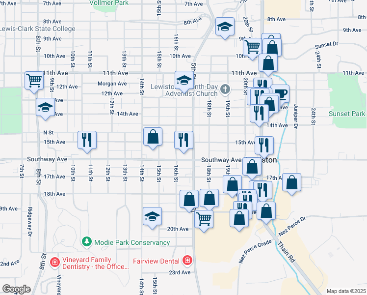 map of restaurants, bars, coffee shops, grocery stores, and more near 1610 15th Avenue in Lewiston