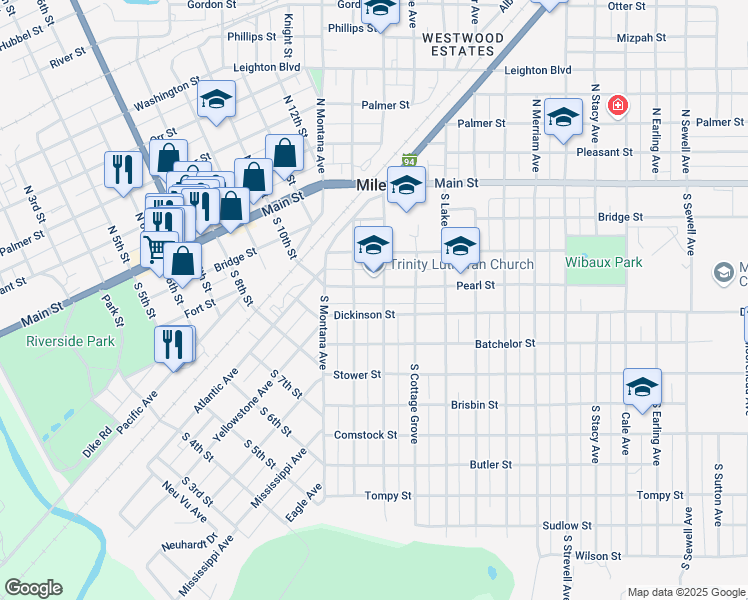 map of restaurants, bars, coffee shops, grocery stores, and more near 205 South Center Avenue in Miles City