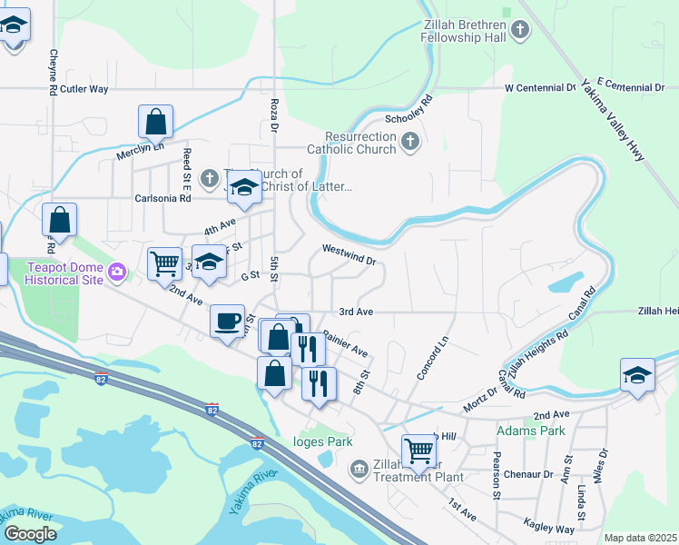 map of restaurants, bars, coffee shops, grocery stores, and more near 602 Blossom Lane in Zillah