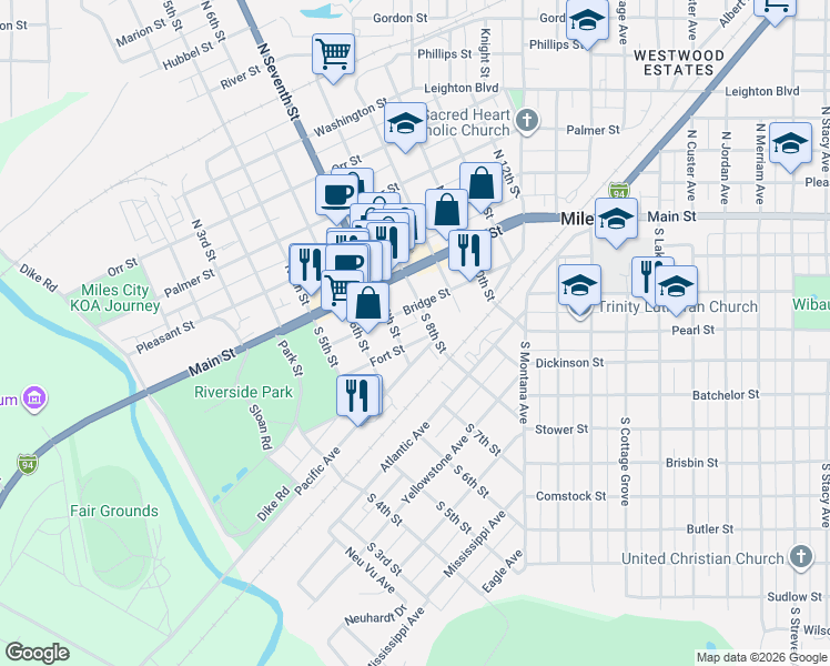 map of restaurants, bars, coffee shops, grocery stores, and more near 701 Fort Street in Miles City