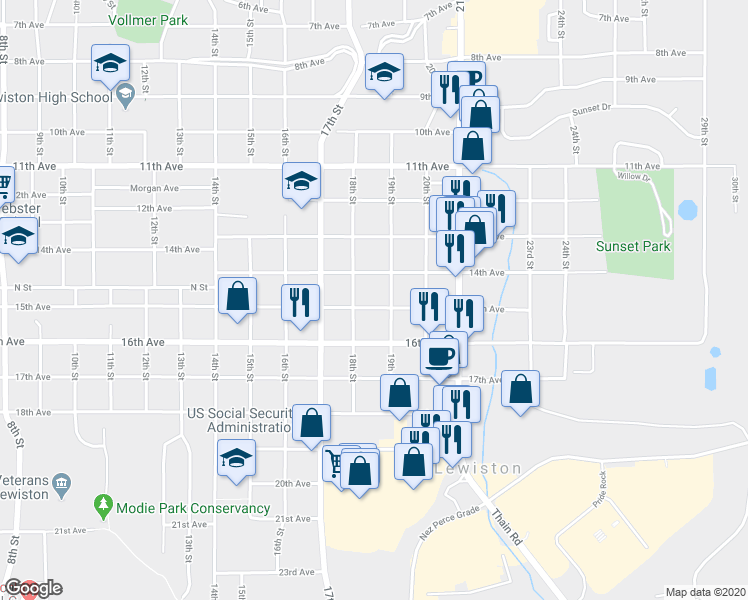 map of restaurants, bars, coffee shops, grocery stores, and more near 1817 15th Avenue in Lewiston
