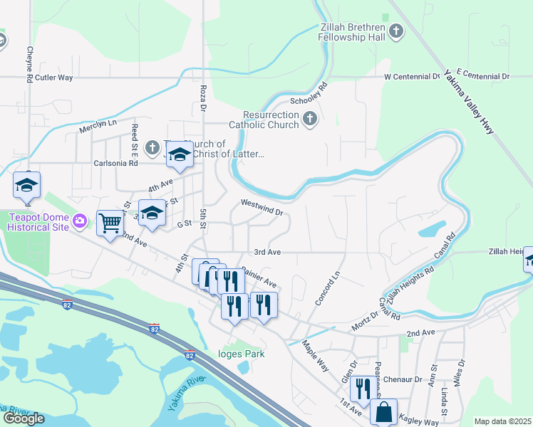 map of restaurants, bars, coffee shops, grocery stores, and more near 605 Cherry Hill Lane in Zillah