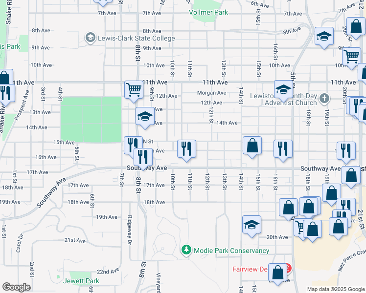 map of restaurants, bars, coffee shops, grocery stores, and more near 1016 N Street in Lewiston
