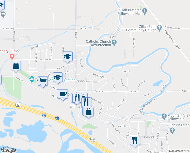map of restaurants, bars, coffee shops, grocery stores, and more near 618 Westwind Drive in Zillah