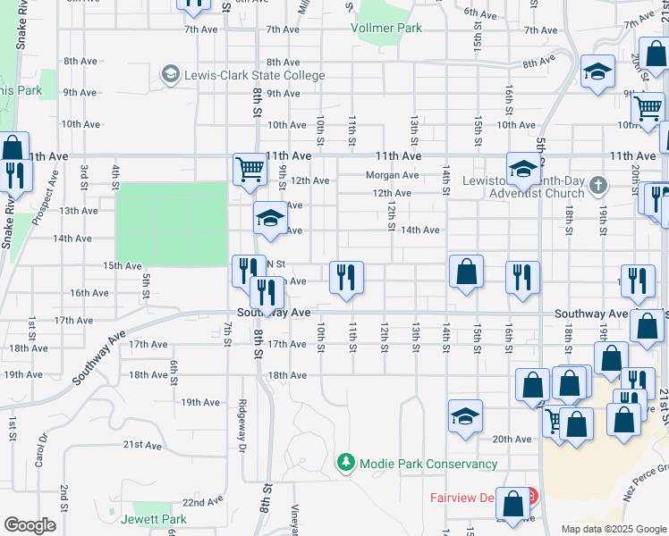 map of restaurants, bars, coffee shops, grocery stores, and more near 1012 N Street in Lewiston