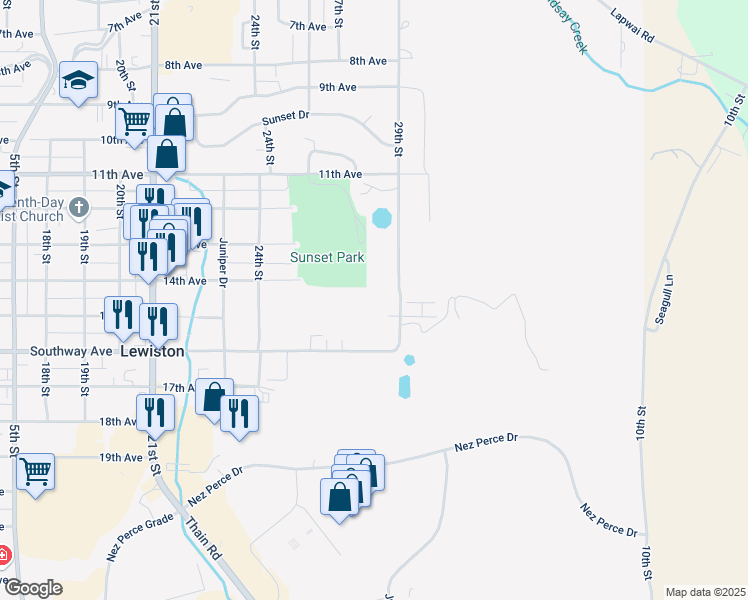 map of restaurants, bars, coffee shops, grocery stores, and more near 1354 29th Street in Lewiston