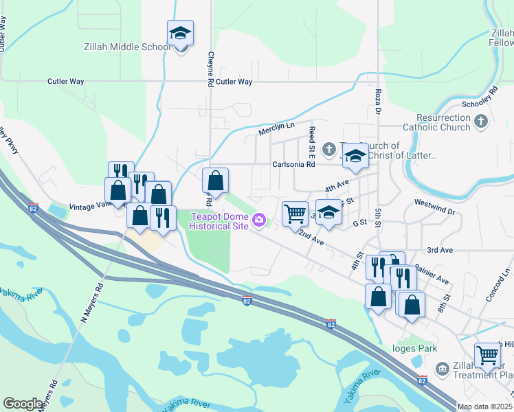 map of restaurants, bars, coffee shops, grocery stores, and more near 119 1st Avenue in Zillah