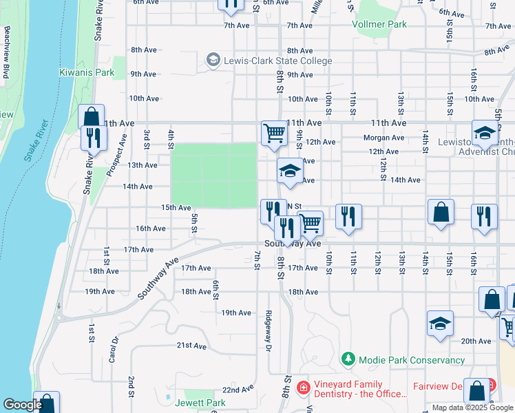 map of restaurants, bars, coffee shops, grocery stores, and more near 405 N Street in Lewiston