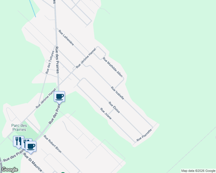 map of restaurants, bars, coffee shops, grocery stores, and more near 65 Rue Isabelle in Trois-Rivières