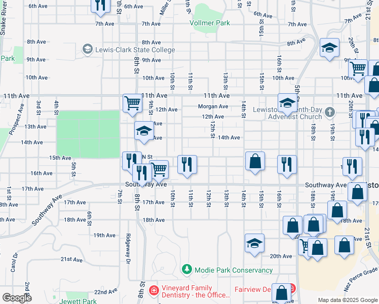 map of restaurants, bars, coffee shops, grocery stores, and more near 1102 N Street in Lewiston