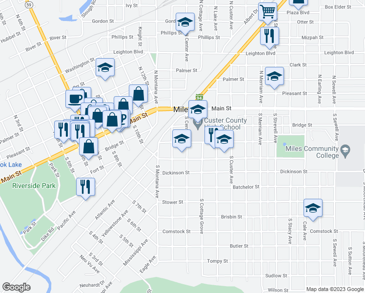map of restaurants, bars, coffee shops, grocery stores, and more near 205 South Center Avenue in Miles City