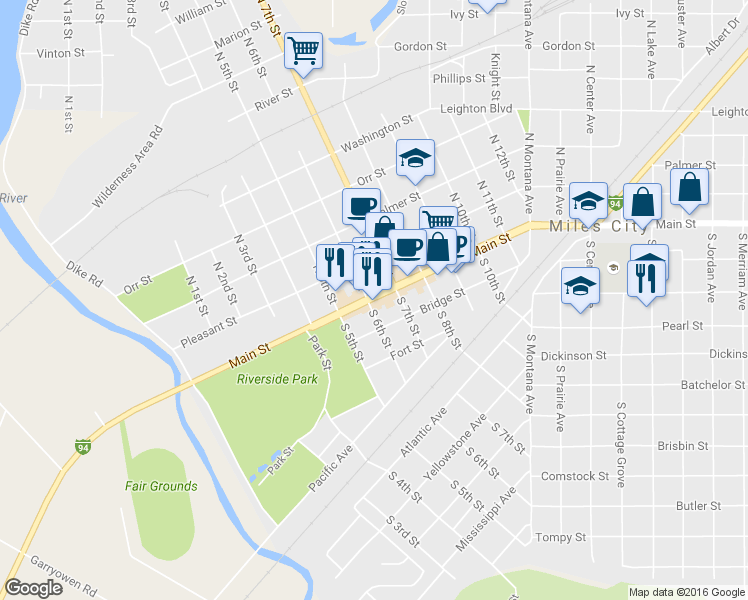 map of restaurants, bars, coffee shops, grocery stores, and more near 602 Main Street in Miles City