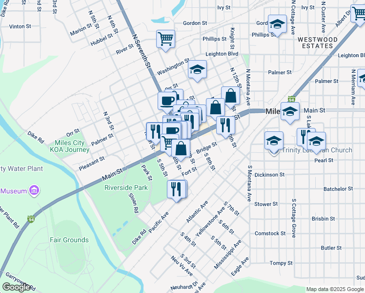 map of restaurants, bars, coffee shops, grocery stores, and more near 600-698 Bridge St in Miles City