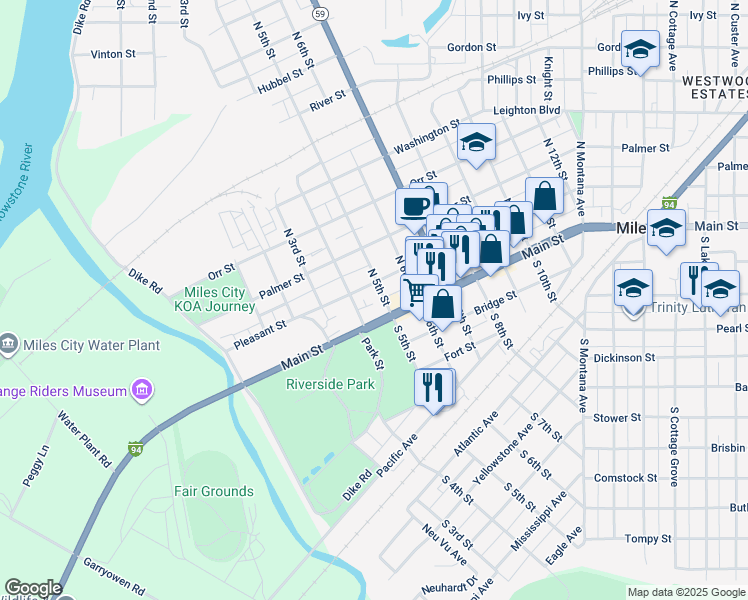 map of restaurants, bars, coffee shops, grocery stores, and more near 413 Main Street in Miles City